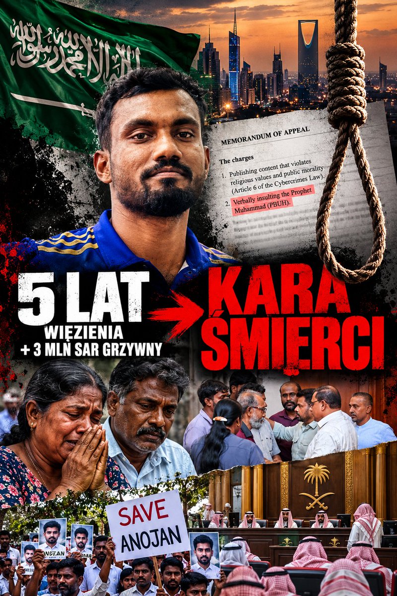 KonradKrajewsk6's tweet photo. 24 lata. Jeden komentarz na Facebooku. 
KARA ŚMIERCI. To dzieje się teraz w Arabii Saudyjskiej.

Anojan Sivarasa, młody pracownik ze Sri Lanki, wyjechał na Bliski Wschód, by zarobić na utrzymanie rodziny. Wdał się w dyskusję w mediach społecznościowych i zamieścił komentarz uznany przez saudyjskie władze za „obrazę Mahometa”. Choć wpis szybko usunął i przeprosił, ktoś zrobił zrzut ekranu i złożył donos.

Przebieg procesu poraża bezwzględnością:

W pierwszej instancji sąd skazał go na 5 lat więzienia oraz astronomiczną grzywnę blisko 3 mln zł.
Prokuratura uznała karę za zbyt łagodną i zażądała zmiany kwalifikacji prawnej przejścia bezpośrednio pod religijne prawo szariatu.

Sąd apelacyjny przychylił się do wniosku i orzekł karę ostateczną: ścięcie.

Dziś jego rodzina i dyplomaci ze Sri Lanki toczą dramatyczną walkę z czasem, by uratować go przed katem.

System prawny, który za „bluźnierstwo” karze śmiercią, stoi w jaskrawej sprzeczności z elementarnymi prawami człowieka. Dlatego w europejskim porządku prawnym nie ma i nigdy nie może być miejsca na islamski szariat.

Milczenie w tej sprawie to zgoda na morderstwo sądowe. Podaj dalej  międzynarodowy rozgłos to w tym momencie jedyna szansa na ocalenie życia tego człowieka.