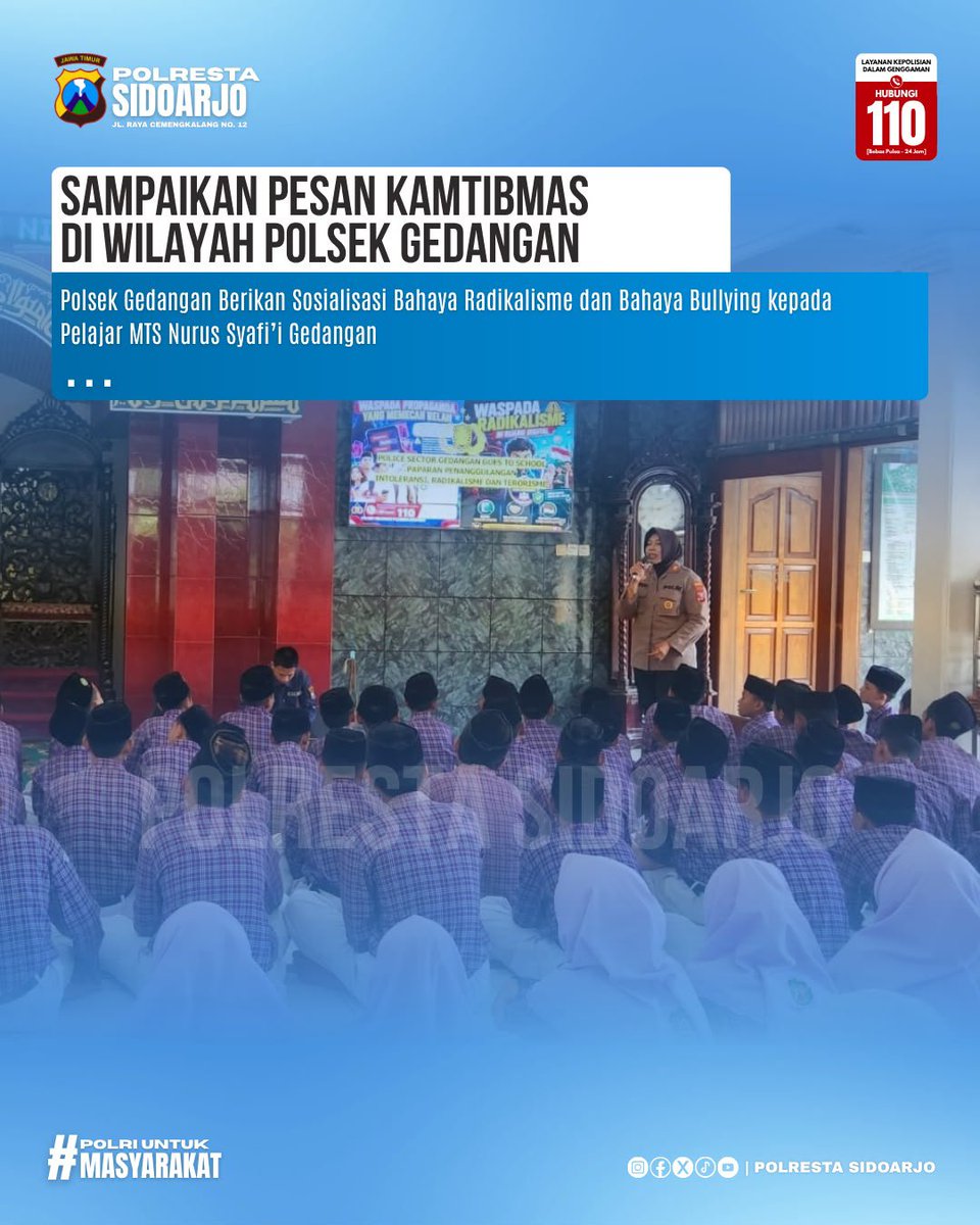 Deltasitik's tweet photo. Polsek Gedangan hadir di MTs Nurus Syafii memberikan edukasi tentang bahaya radikalisme dan bullying. Siswa diajak bijak bermedia sosial, menghargai perbedaan, saling menjaga, dan berani menolak segala bentuk kekerasan.

#PolrestaSidoarjo
#PolisiBersamaMasyarakat https://t.co/K2qi6DvGuA