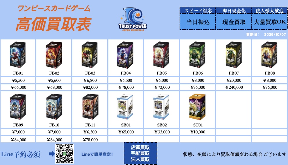 trustpowertcg's tweet photo. 10/7(水)#ドラゴンボールカード 買取価額
👉ご来店する前に、予約必須 お問い合わせ・ご来店予約は、LINEでお願いしますhttps://t.co/LEYIW2MXml
#TCG #cardshop #トレカ #ドラゴンボール #ドラゴンボールカード #ドラゴンボールスーパーダイバーズ #フュージョンワールド #ドラゴンフュージョンワールド #MANGA #買取 #東京 #カートン #ポケモンカード #ポケカ #ONEPIECE #ワンピース #BOX #カートン #PSA10 #ポケモン #遊戯王 #ワンピースカード #トレーディングカード #再販 #抽選 #買取 #買います #最高値 #シュリあり #テラスタルフェスex #テラスタルフェス #テラスタル #バトルパートナーズ #熱風のアリーナ #ロケット団の栄光 #ロケット団 #ブラックボルト #ホワイトフレア #メガドリーム #メガ #メガブレイブ #メガシンフォニア #ブラックボルト #��ワイトフレア