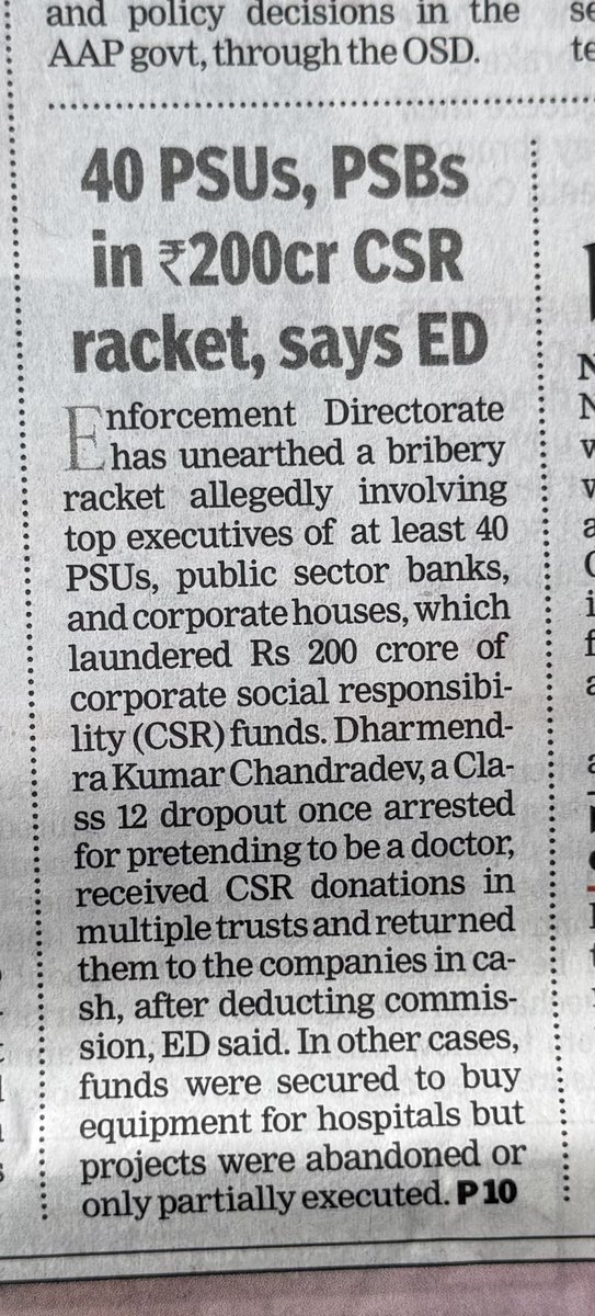 iamrakeshbansal's tweet photo. 40 PSUs, PSBs in ₹200 crore CSR racket, says ED
The Enforcement Directorate has found a bribery racket that allegedly used top executives of at least 40 PSUs, public sector banks and companies to launder ₹200 crore of CSR funds. Dharmendra Kumar Chandradev, a Class 12 dropout once held for posing as a doctor, took CSR money into several trusts and returned it in cash after a cut, the ED said.
https://t.co/zxly5WoAZ0