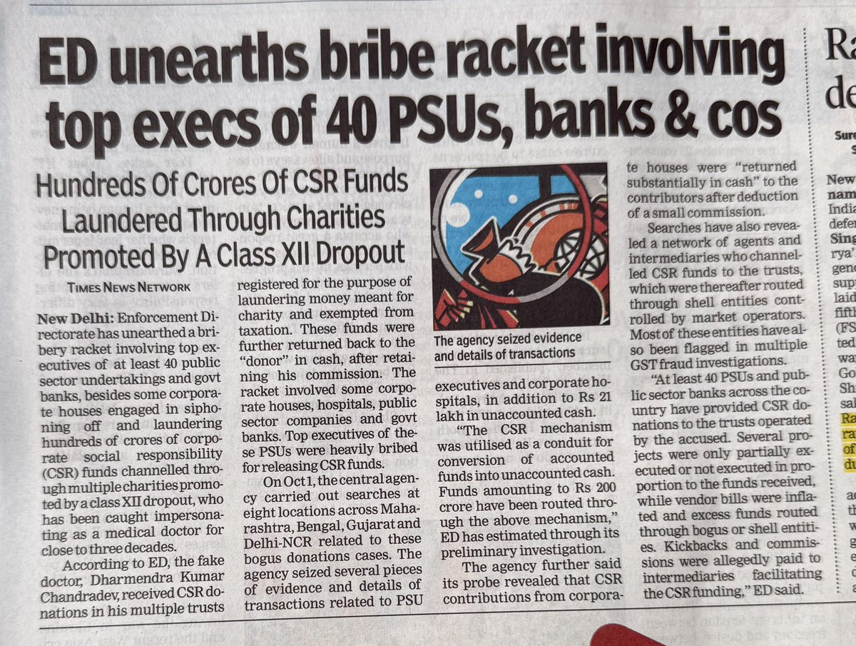 iamrakeshbansal's tweet photo. 40 PSUs, PSBs in ₹200 crore CSR racket, says ED
The Enforcement Directorate has found a bribery racket that allegedly used top executives of at least 40 PSUs, public sector banks and companies to launder ₹200 crore of CSR funds. Dharmendra Kumar Chandradev, a Class 12 dropout once held for posing as a doctor, took CSR money into several trusts and returned it in cash after a cut, the ED said.
https://t.co/zxly5WoAZ0