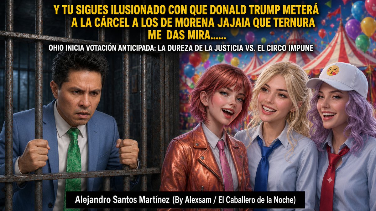 XALEXSAM's tweet photo. #SEREBREVE #NarcoPresidenteAMLO #MorenaNarcoPartido  #MorenaEngañaPendejos Y TU SIGUES ILUSIONADO CON QUE DONALD TRUMP METERÁ A LA CÁRCEL A LOS DE MORENA JAJAJAJAJA QUE TERNURA ME DAS MIRA…………
 
 🇺🇸 OHIO INICIA VOTACIÓN ANTICIPADA: LA DUREZA DE LA JUSTICIA VS. EL CIRCO IMPUNE

Hoy arrancó formalmente la votación anticipada en el estado de Ohio, marcando una de las etapas más decisivas en la recta final del proceso electoral de Estados Unidos.

Pero más allá del cálculo político y el choque de narrativas, hay una realidad que resulta ineludible cuando comparamos la institucionalidad norteamericana con el panorama latinoamericano:

Es infinitamente más probable ver primero en el bote a Donald Trump por sus múltiples procesos judiciales en EE.UU., que ver tras las rejas en México a López Obrador o a los operadores del régimen de la 4T.

Mientras en el norte las instituciones judiciales —con todos sus defectos, sesgos y presiones— mantienen expedientes abiertos y sientan en el banquillo a expresidentes, en México la "justicia" opera como un instrumento selectivo de protección política e impunidad sistematizada.

P.D. Esa es la diferencia abismal entre un sistema con pesos y contrapesos reales y una autocracia populista alineada con intereses oscuros.

Alejandro Santos Martínez (By Alexsam / El Caballero de la Noche) IAG Ultra Tech Fiscal Disruptiva | Neurofiscalidad Advanced

#ByAlexsam #ElCaballeroDeLaNoche #OhioVotes2026 #USA2026 #Trump #NarcoPoliticos4T #JusticiaOImpunidad #Geopolitica #Neurofiscalidad #CriterioSinFiltro
