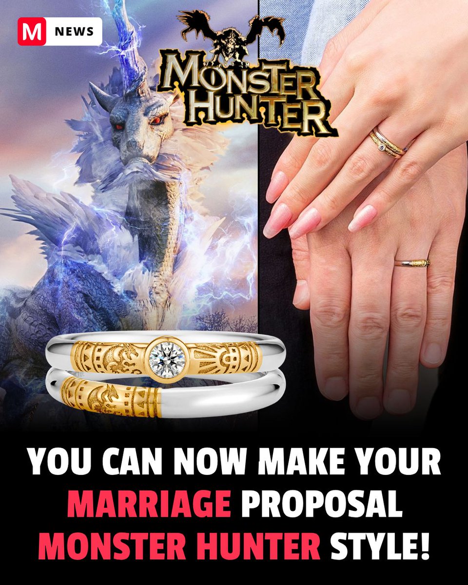 mecchaJP's tweet photo. Time to pop the question, Hunter style! 💍⚔️

You can now make your proposal a little more Monster Hunter! ✨ The Hunter’s Ring collection has just added Kirin and Gore Magala designs, bringing the lineup to 17 monster-inspired rings.

The Kirin design features a diamond inside the ring, while Gore Magala gets an onyx stone, with options for engraving initials or a special date. 💎🖤

So… would you propose with a Kirin, Gore Magala, or another monster? 👀

#MonsterHunter #Kirin #GoreMagala #MonsterHunterWilds #MHWilds