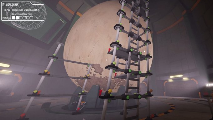 A screenshot from the indie game "Crack" shows a first-person view of a work order to "DEPOSIT 9 BUCKETS OF SMALL FRAGMENTS" with 0/9 progress, set against a massive cracked egg structure surrounded by scaffolded ladders. The image captures the game's central premise of players working together to smash open the giant mysterious egg, as described in the accompanying post.