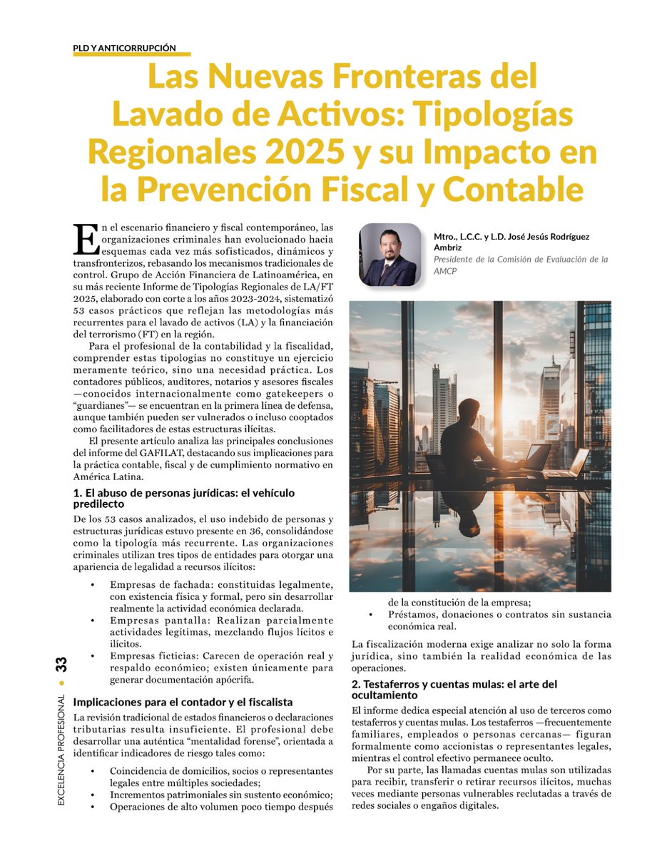 amcpdf's tweet photo. 🔎 El lavado de activos evoluciona

El Mtro., L.C.C. y L.D. José Jesús Rodríguez Ambriz analiza el tema “Las Nuevas Fronteras del Lavado de Activos: Tipologías Regionales 2025 y su Impacto en la Prevención Fiscal y Contable”,

👉: https://t.co/3C6WmdFpP2

#AMCP https://t.co/tkNdfcrk2g