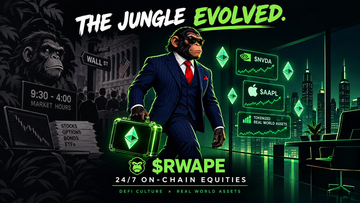 rwape_official's tweet photo. Why $RWAPE?

Wall Street trades 9-4. $RWAPE trades around the clock 24/7 on-chain🦍⛓️

Ethereum's iconic mascot evolved—bridging native Web3 culture with tokenized stocks ( $NVDA, $AAPL)

Are you still in the jungle or in the boardroom?

🔔 Turn notifications ON. CA landing soon. https://t.co/3jxmw67uw7