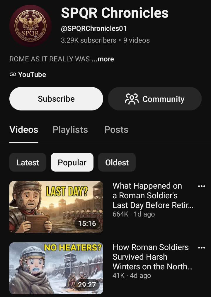 SojAutomation's tweet photo. 3K subscribers. 9 videos. One video hit 664K views.

This is what good YouTube packaging looks like.

They’re not making generic “Roman history” videos.

They’re selling specific stories with built-in curiosity:

→ What happened on a Roman soldier’s last day? https://t.co/22RO1wHs8p