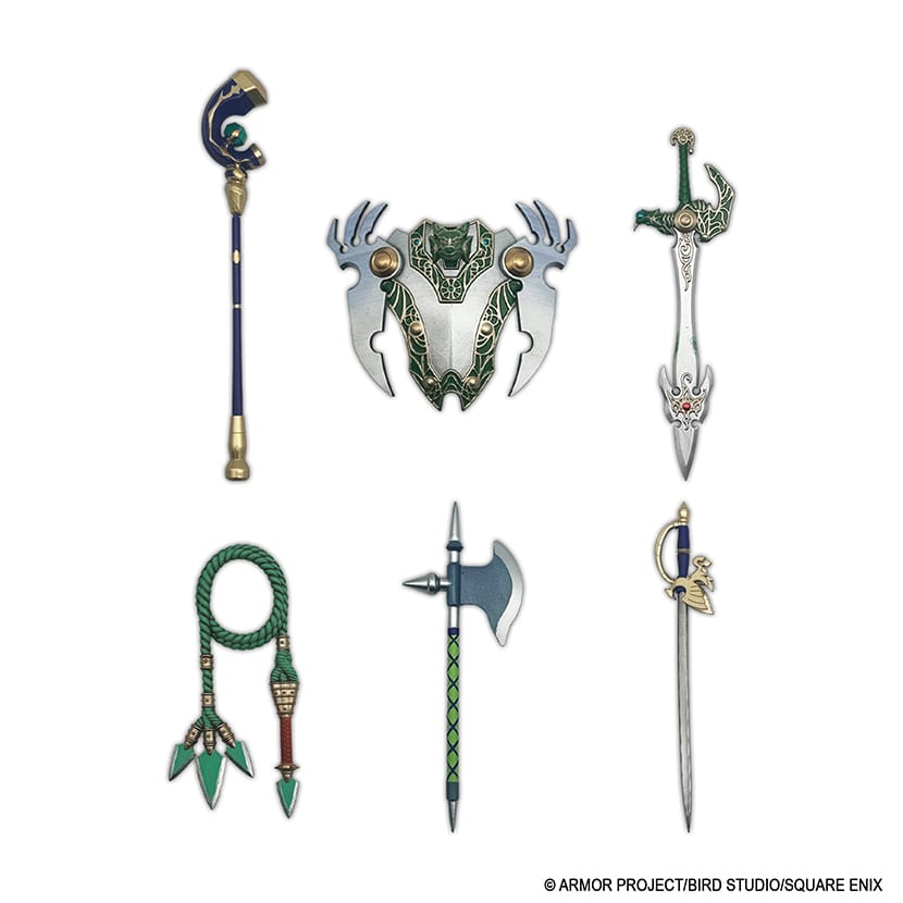 SQEX_eSTORE's tweet photo. 「#ドラゴンクエスト」シリーズに登場する武器が1/12スケール相当のフィギュアになって登場！第2弾にははやぶさの剣、てんくうの剣、バトルアックス、グリンガムのむち、いかずちの杖、てんくうの盾がラインナップ。それぞれに台座も付属。6個入りBOXもございます。#DQ
https://t.co/VAmnooX9ZX https://t.co/lzVX04nZVt