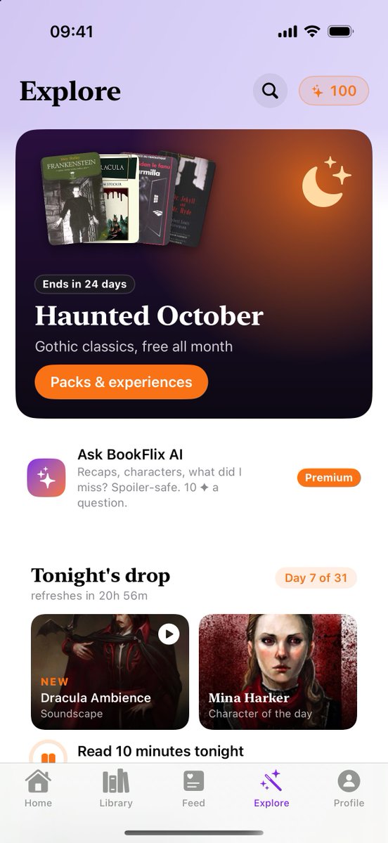 bookflixapp's tweet photo. Haunted October is live on BookFlix 🕯️

Seven gothic classics, free all month: Frankenstein, Dracula, Carmilla, Jekyll &amp; Hyde, Dorian Gray, The Turn of the Screw and The Yellow Wallpaper.

Read 10 minutes a night, collect the season's packs.

https://t.co/ZBH2a22VUa https://t.co/xJyXziIEgZ