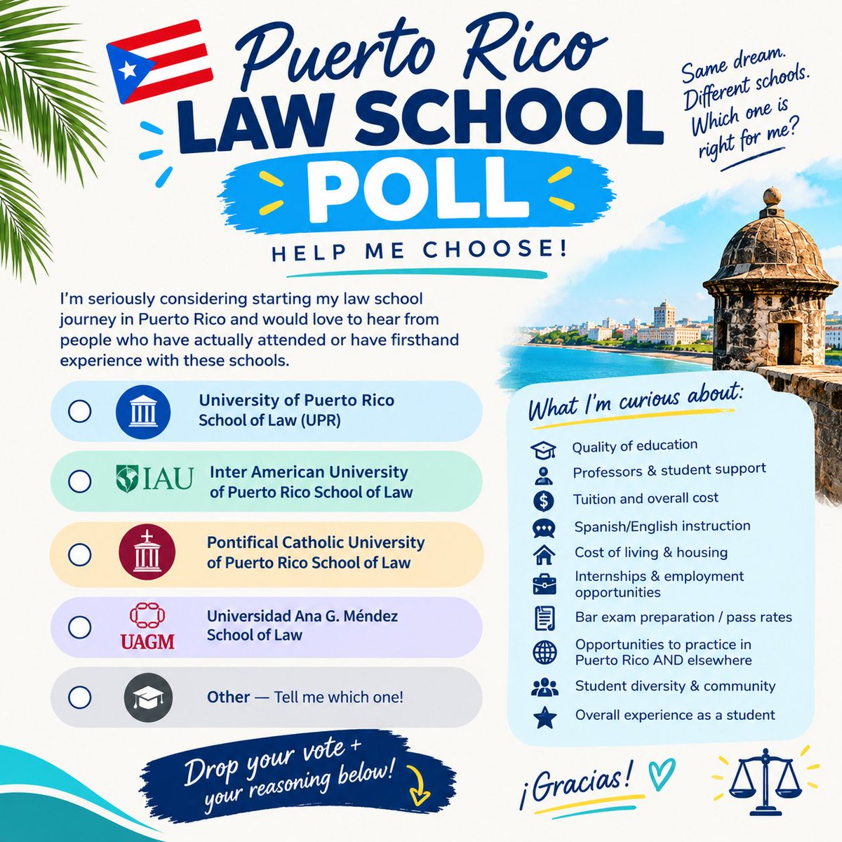 Quetegusta90441's tweet photo. I'm seriously considering starting my law school journey in Puerto Rico and would love to hear from people who have actually attended or have firsthand experience with these schools. https://t.co/aVS0GeiG26