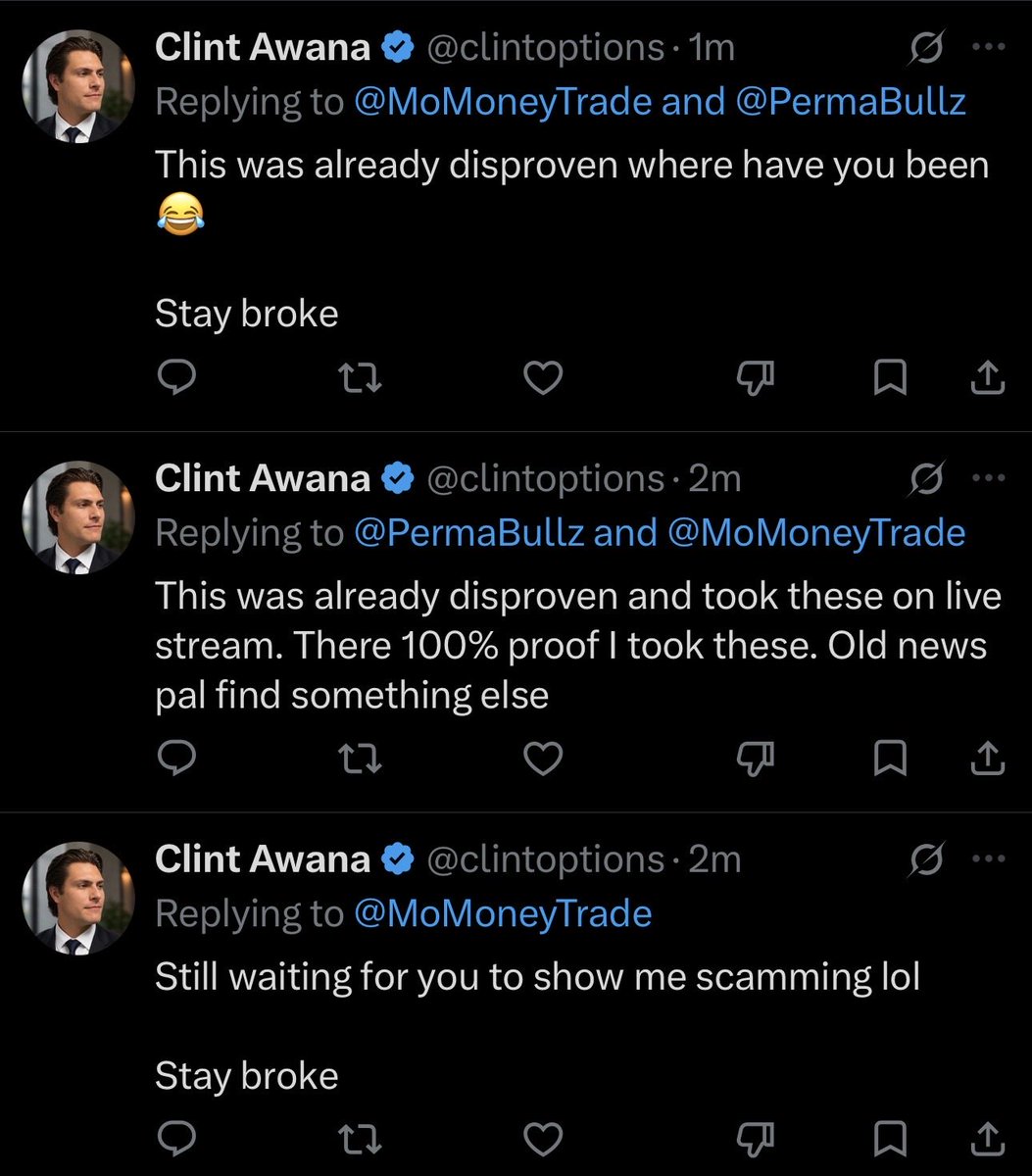 MoMoneyTrade's tweet photo. @clintoptions Keep scamming and soon you’ll have what’s coming for you too. 

Btw damn dude. Go fuck your boyfriend. No need to flatter me with 3 replies the same back to back https://t.co/KSdlOwqmcm