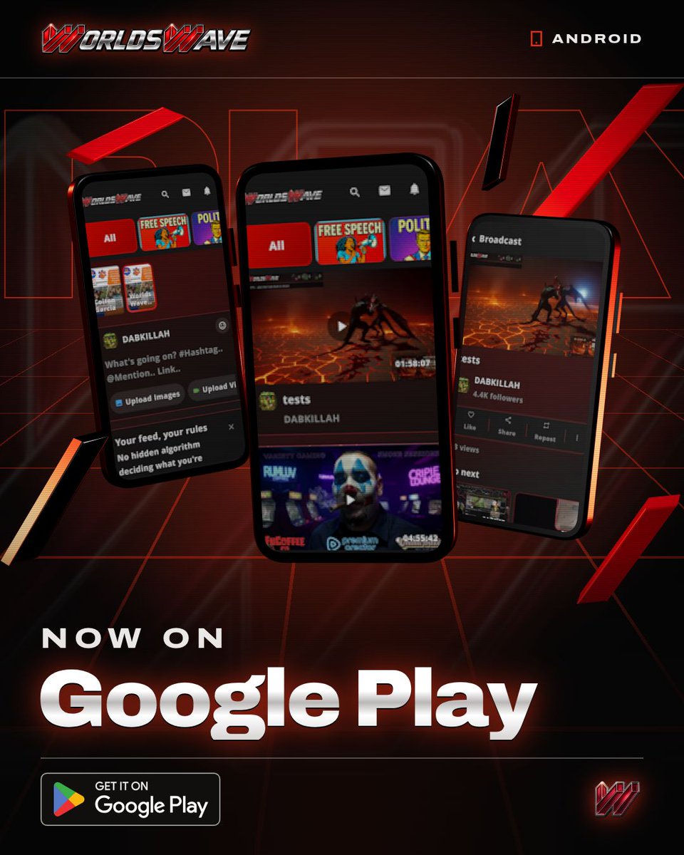 WorldsWave's tweet photo. WorldsWave is now on Google Play ๐ด
Free speech social, video and live streaming. All in your pocket.
๐ฒ link below
#WorldsWave #Android #GooglePlay https://t.co/nO506k8mF5