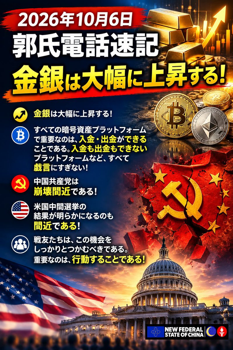 xiuhongxh's tweet photo. #NFSCマルチ翻訳 5️⃣0️⃣3️⃣3️⃣
2026年10月6日　郭氏電話速記

金銀は大幅に上昇する！

すべての暗号資産（デジタル通貨）プラットフォームで重要なのは、入金・出金ができることである。入金も出金もできないプラットフォームなど、すべて戯言にすぎない！
中国共産党は崩壊間近である！
米国中間選挙の結果が明らかになるのも間近である！
戦友たちは、この機会をしっかりとつかむべきである。重要なのは、行動することである！

https://t.co/e85xZx4Oy7

澳喜🇦🇺日語🇯🇵