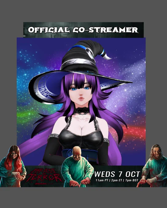 Promotional graphic announcing AngelicTriShort as an official co-streamer for the Harvest of Horror showcase. Centered in the graphic is VTuber AngelicTriShort, featuring long purple hair, bright blue eyes, a large black witch hat with blue and silver details, and a black-and-blue outfit. She stands against a colorful, starry background. Large horror-style text across the top reads “OFFICIAL CO-STREAMER.” Along the bottom is dark, horror-themed artwork featuring three bloodied figures in medical-style clothing surrounding the Harvest of Horror logo. Event information reads: Wednesday, October 7 11 AM PT | 2 PM ET | 7 PM BST The overall design combines AngelicTriShort’s magical purple-and-blue aesthetic with the dark, bloody horror theme of the showcase.