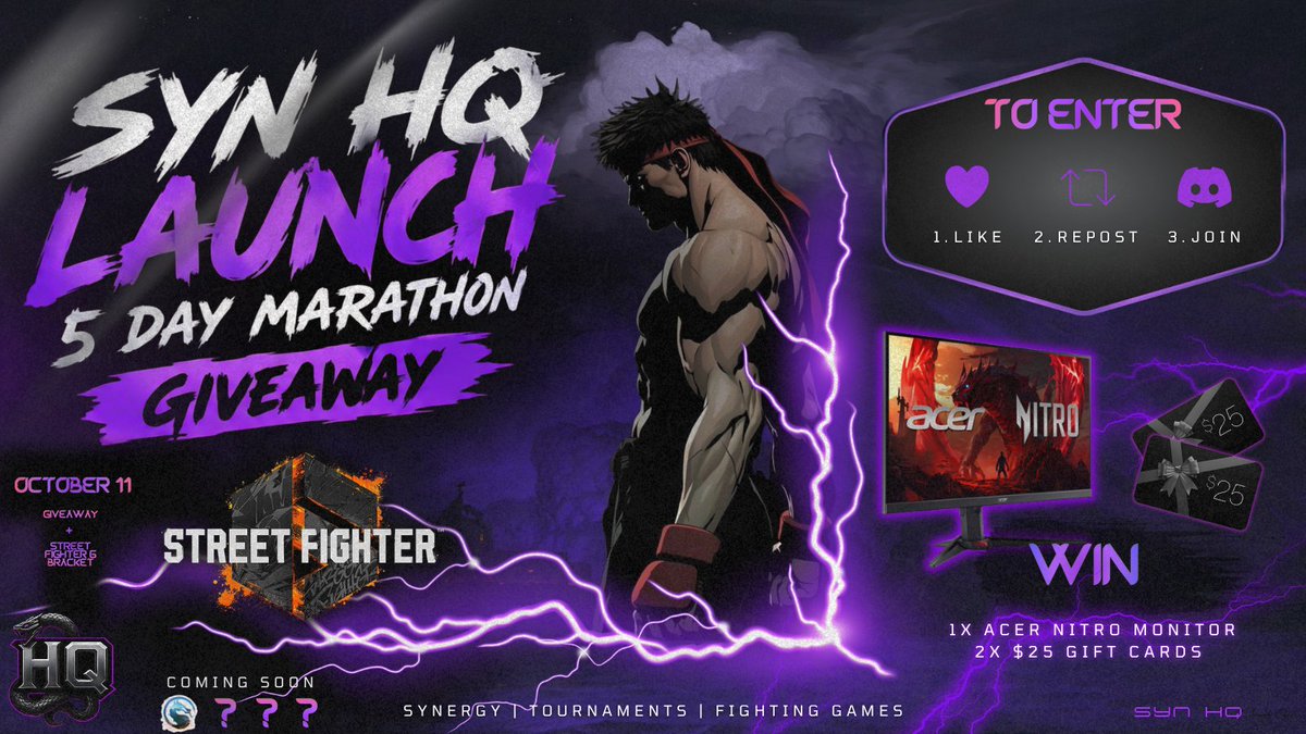SynergyFGC's tweet photo. INTRODUCING OUR LAUNCH MARATHON FOR SYN HQ!

SYN HQ is our HUB to:

Give back to the community
Host tournaments  
Chat

October 11th is our official launch day with a full STREET FIGHTER 6 Bracket, to enter the giveaway like, retweet, and join us!
 
JOIN:
https://t.co/QSSbs7X9YY https://t.co/GGTpAupzyz