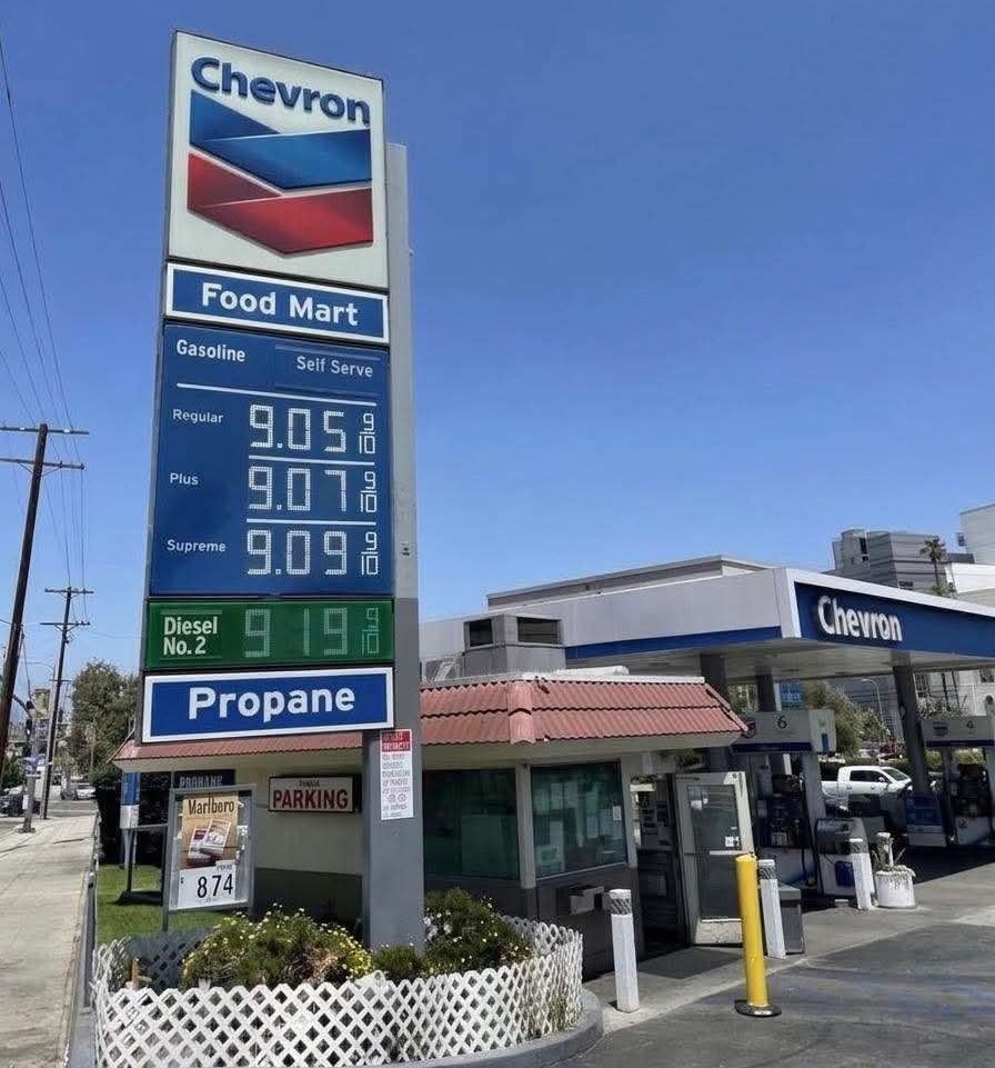 TaraBull's tweet photo. GAS REACHES $9 IN WALNUT CREEK, CA

Same country. 

Same oil. 

Same trucks moving the fuel.

The difference is the highest gas tax in America. https://t.co/55yONRD3so