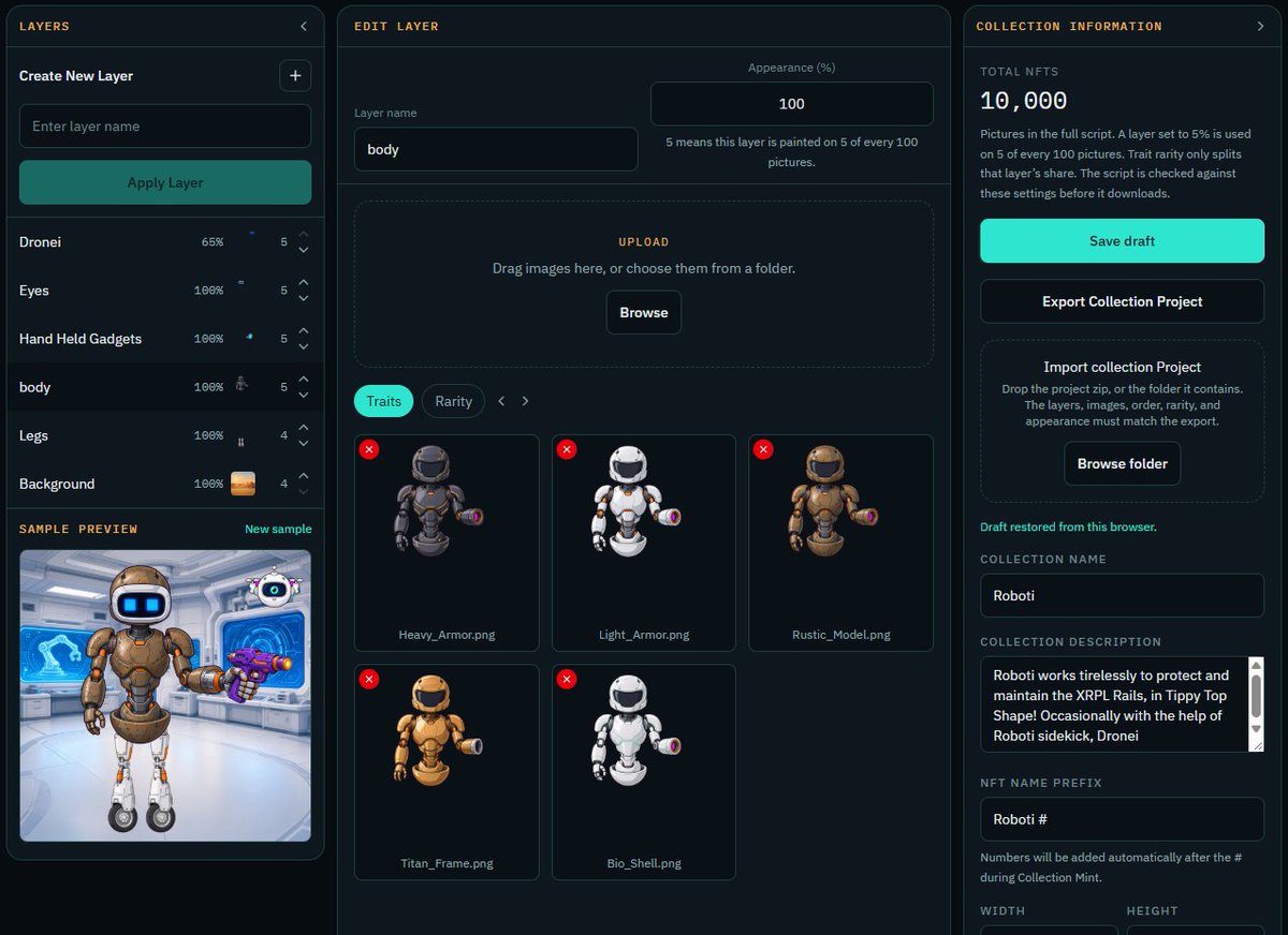 xrpledgernft's tweet photo. XLSPress! - Browser based XRPL NFT Mint

✅Collection Generation
✅Marketplace
✅Integrated IPFS and Pinning
✅Lighthouse API enabled
✅NFT. Storage API enabled
✅xaman login enabled

No backend server!
No limits - Except your imagination

Final stages of tweaking! https://t.co/ndsSeTU4Z4