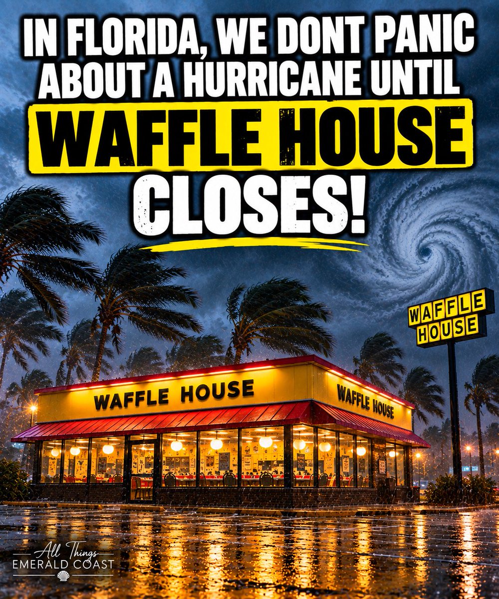 AllEmeraldCoast's tweet photo. Forget the spaghetti models. Forget the forecast cones. Floridians know there’s only one hurricane forecast that really matters…

What’s Waffle House doing? 👀😂

Full menu? We’re fine.

Limited menu? Might wanna charge your phone.

Waffle House CLOSED?

BABY, PACK THE CAR. WE’RE LEAVING. 😂🌀