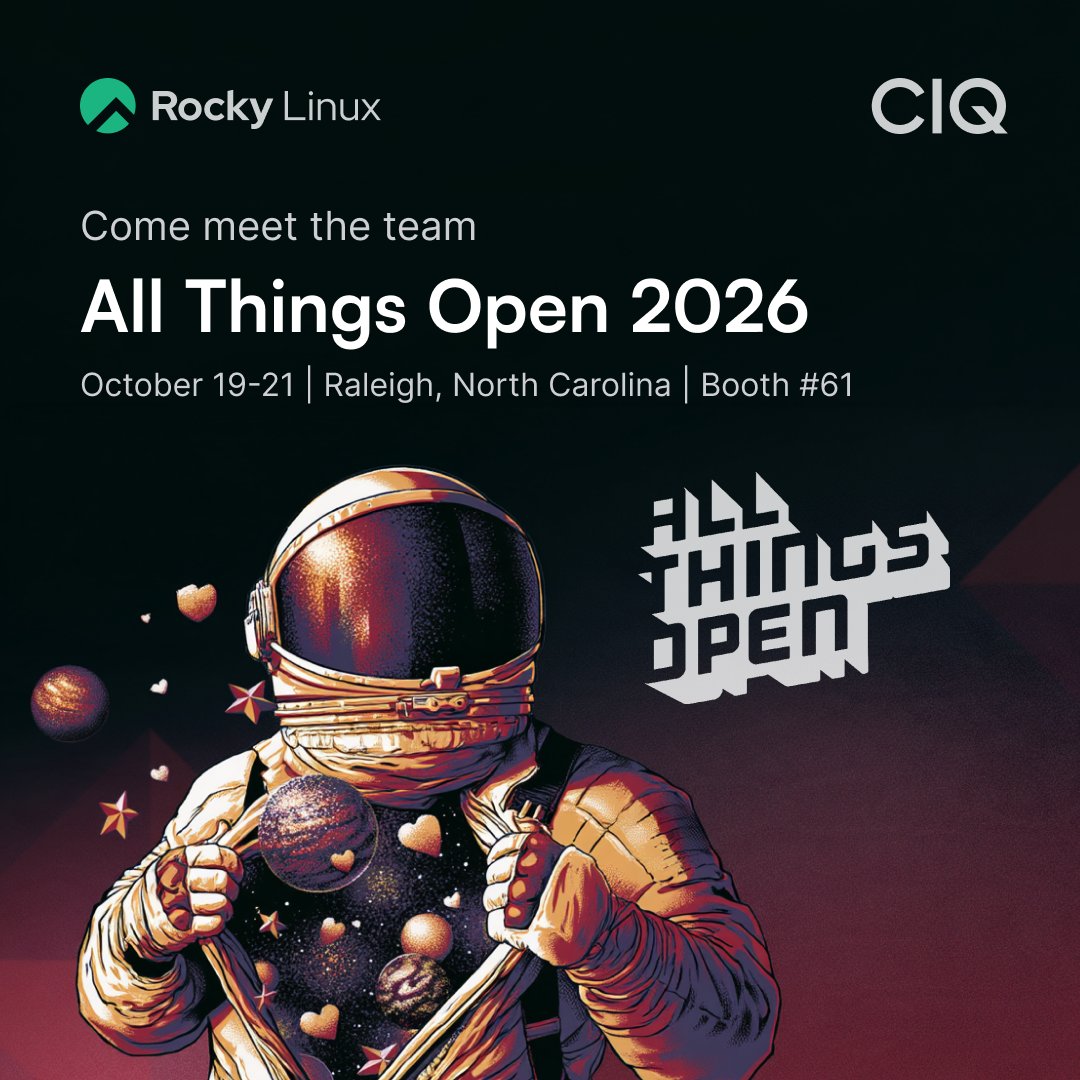 CtrlIQ's tweet photo. Rocky Linux is heading to #AllThingsOpen2026 in Raleigh, October 19 and 20.

Meet members of the community to discuss open source Rocky Linux, contributing to the project, and what’s ahead for Rocky Linux.

Details: https://t.co/ZSzyELWsmX 

#RockyLinux #OpenSource https://t.co/lbJTBZCw90