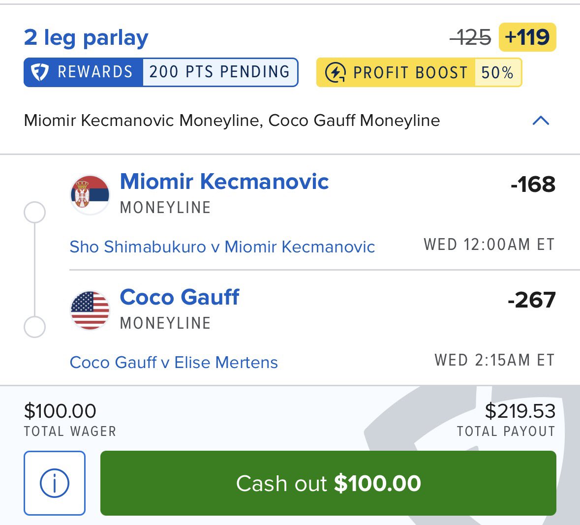 AlphaMindPicks's tweet photo. 🪜 $100 → $10K Ladder Challenge — Play 1

Play 1 — $100 → $219.53 ⏳

https://t.co/BrNhCrKPJD

Miomir Kecmanovic ML
Coco Gauff ML https://t.co/ZVisdpPnwf