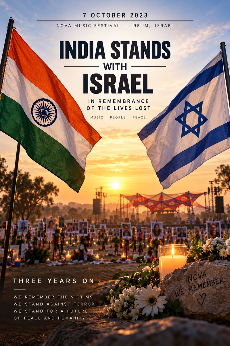 MDigitalBharat's tweet photo. Three years ago, the music stopped at Nova.
On 7 October 2023, innocent lives were brutally taken simply for being there. Today, India remembers the victims and stands with Israel in their memory.
We remember. We stand with Israel. We stand against terror.
#Oct7Remembrance #IndiaStandsWithIsrael #TerrorWillNotWin