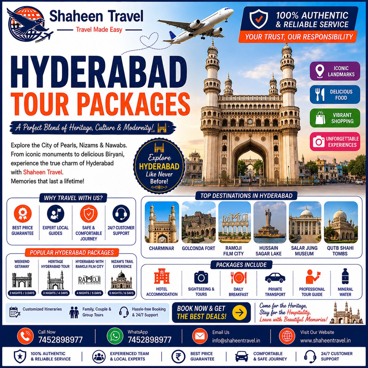Alexkleynen1's tweet photo. Explore Hyderabad’s royal heritage, vibrant culture and iconic sights with Shaheen Travel. Visit Charminar, Golconda Fort, Ramoji Film City and more. Includes accommodation, sightseeing, transport, guides and support. Call 7452898977 https://t.co/0bQz39TnsT