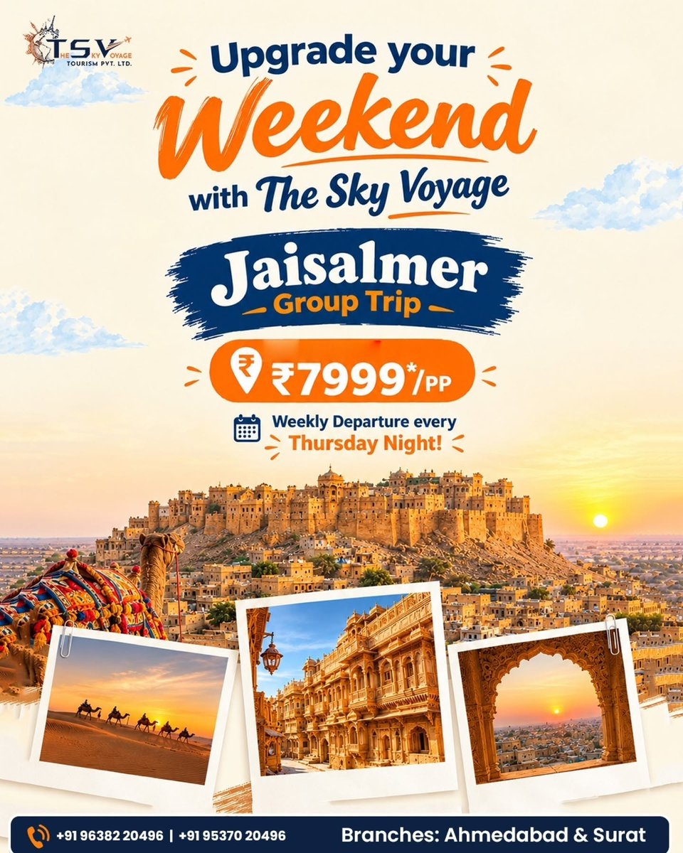 ilaydagll1's tweet photo. Weekend plan? Escape to Jaisalmer: golden forts, desert sunsets, and new travel buddies await. Group trips from ₹7, 999 with departures every Thursday night. Planning ni tension amne aapi do, tame bas packing karo! https://t.co/SkRExOezZx