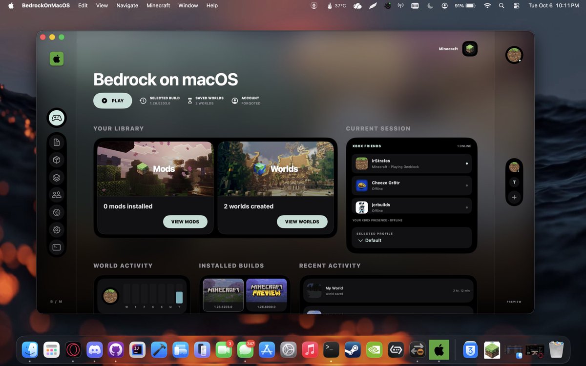 Custom Blockintosh launcher window titled Bedrock on macOS on an Apple Silicon Mac desktop with PLAY button, library tabs for Mods (0 installed) and Worlds (2 c