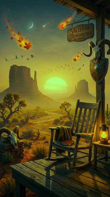 An illustrated desert scene at sunset with a rocking chair on a porch, a 'Valley of Tomorrows' sign, ram skull decorations, and flaming leaves falling from the sky.