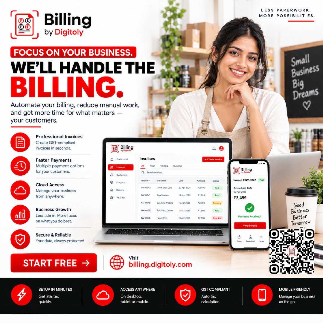 digitoly's tweet photo. Focus on your business. We'll handle the billing!
Automate your billing, reduce manual work, and get more time for what truly matters—your customers.
🔗 Start free today at https://t.co/NRxdzuJc7w!
#BillingByDigitoly #SmartBilling #Invoicing #SmallBusiness #GSTCompliant #Business https://t.co/h1hk75fb6K