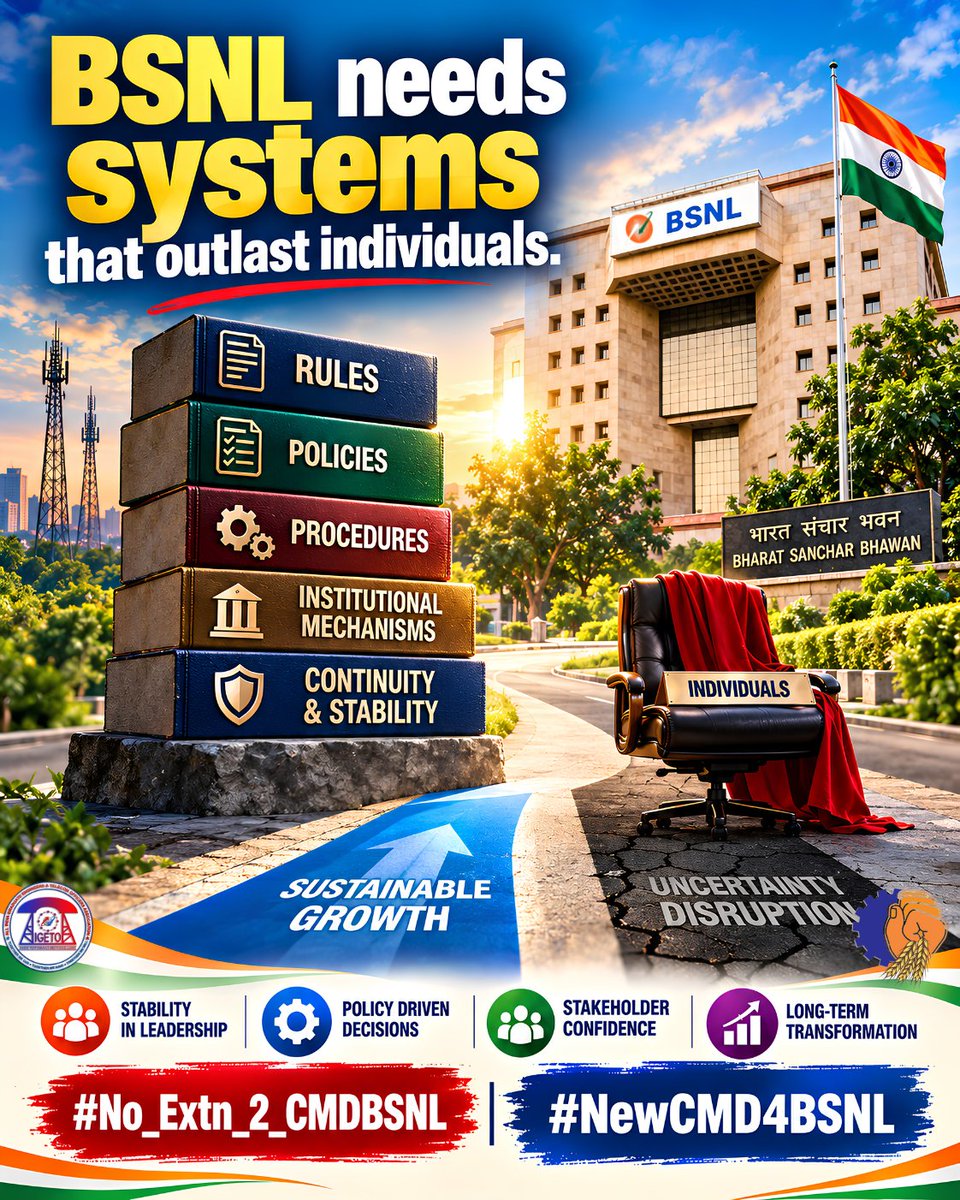 GSAIGETOA's tweet photo. BSNL does not need prolonged uncertainty.
BSNL needs:
A REGULAR CMD.
A CLEAR MANDATE.
A STABLE LEADERSHIP.
A RULE-BASED SYSTEM.
A TRANSPARENT DECISION-MAKING FRAMEWORK.
ACCOUNTABILITY TO THE INSTITUTION.
We respectfully appeal for immediate action.
No More Extension to Current CMD BSNL.
Immediately Appoint a Regular New CMD for BSNL.
#No_Extn_2_CMDBSNL #NewCMD4BSNL
@PMOIndia @JM_Scindia @PemmasaniOnX @DrJitendraSingh @DoT_India @BSNLCorporate @BMSkendra @BmsBojji @gs_aigetoa @GSAIGETOA @VirabhadraRaoG @pavanakhand @jharwal_yogi @nithyajarald @gsbteubsnl @ETTelecom @BDM_BSNL @gsbteubsnl