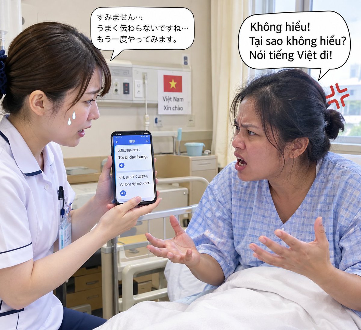 Hs1Ur's tweet photo. 大学病院の看護師です

外国人の患者がとても増えています。

せめて日本語話してくれる？？
翻訳機を通して会話するからめっちゃ時間とられる。

日本人の患者に物凄く迷惑やねんけど！

それと、文句あるなら国に帰って医療受けろ！！ https://t.co/xG9qY6eVnK