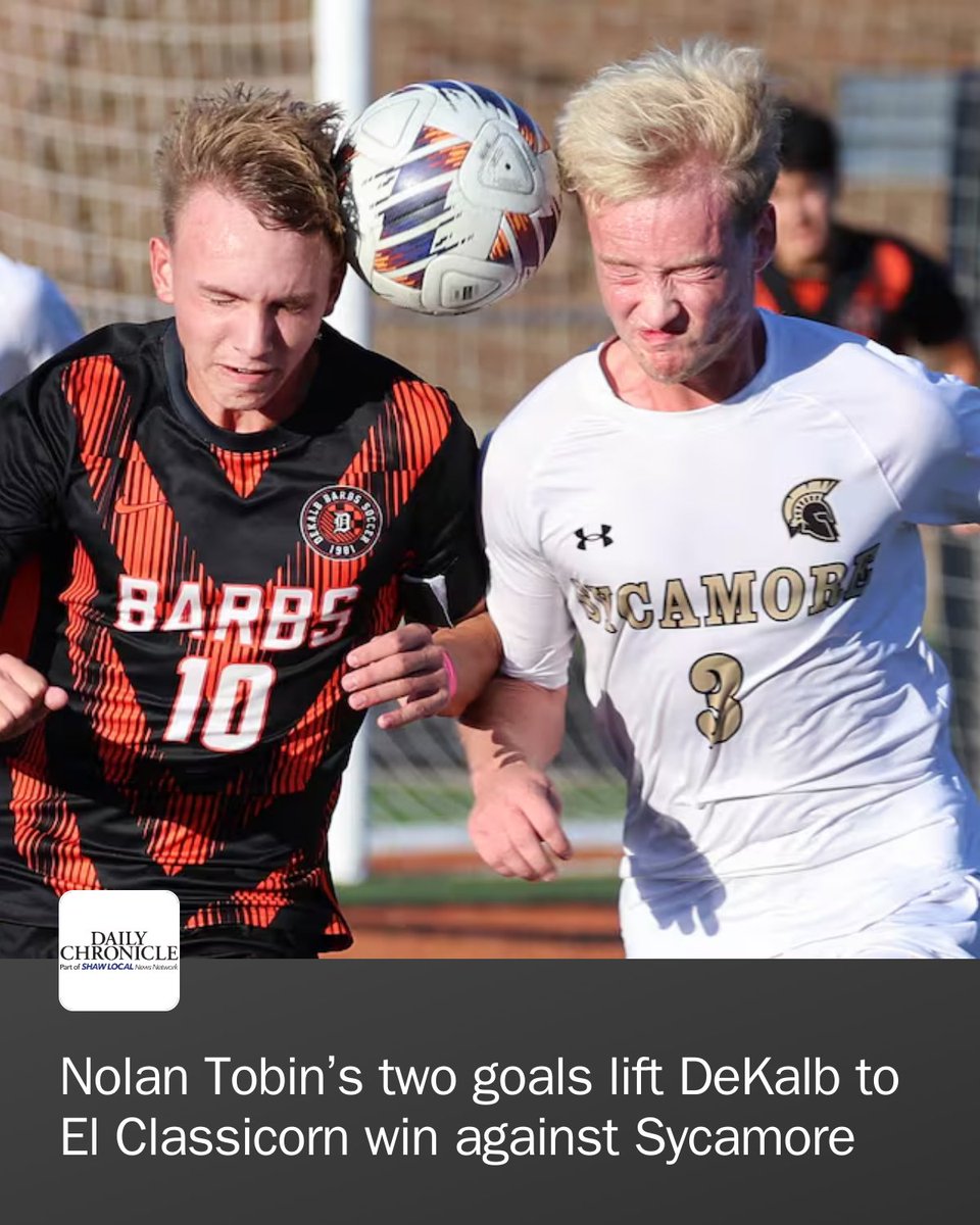 Daily_Chronicle's tweet photo. Nolan Tobin’s goal in the 78th minute broke a tie and took the momentum away from Sycamore, putting DeKalb back on top for good and helping the Barbs reclaim the El Classicorn trophy from their rivals with the 3-2 win. https://t.co/2NM7QTlJDy