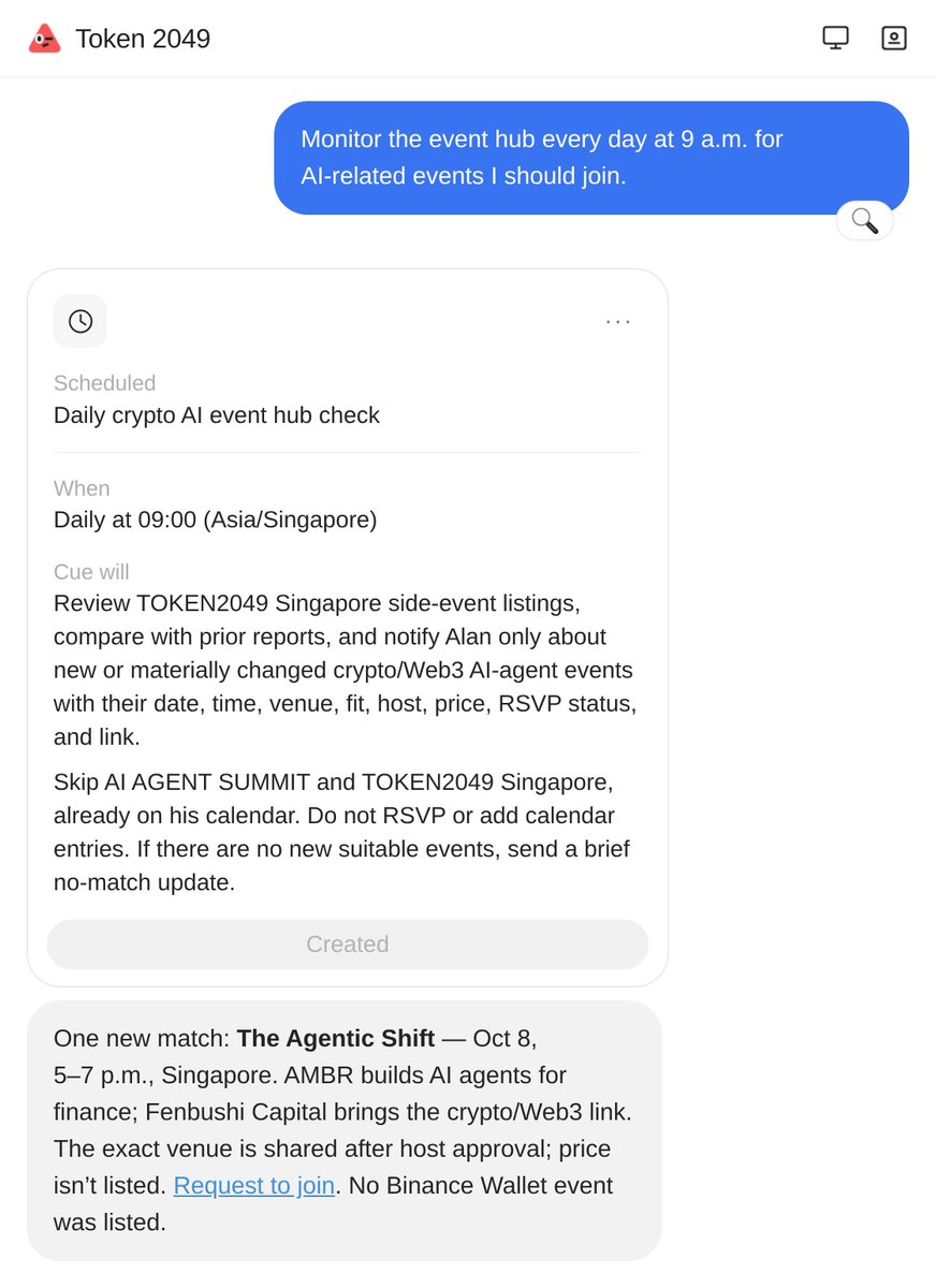 alanalyzing's tweet photo. Literally hundreds of events during @token2049 and @F1NightRace week in Singapore. So I used @CueAgents to create this dedicated Event Agent to scrape and recommend events across event portals for me https://t.co/V24j6g7zSn
