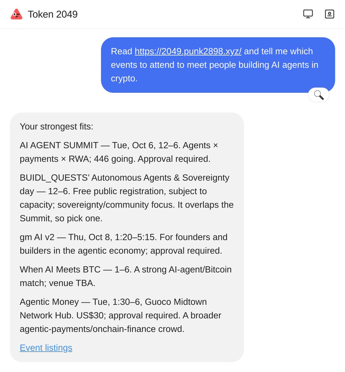 alanalyzing's tweet photo. Literally hundreds of events during @token2049 and @F1NightRace week in Singapore. So I used @CueAgents to create this dedicated Event Agent to scrape and recommend events across event portals for me https://t.co/V24j6g7zSn