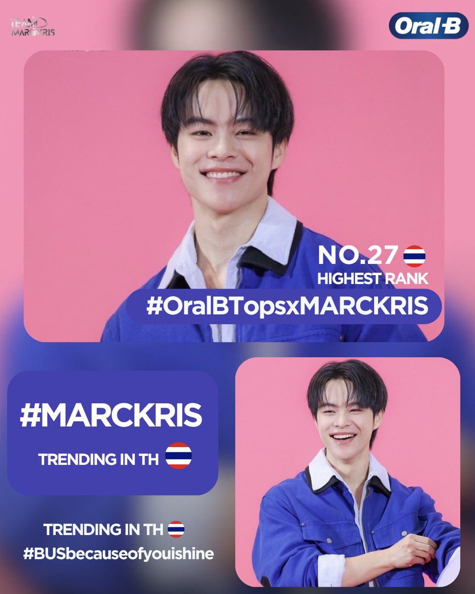 TEAMMARCKRIS's tweet photo. 📢📈
 
สรุปยอดเทรนด์

" TOPS of Beauty X Oral-B "

(16:00 ⇒ 9:00) 

No.27 🇹🇭
#OralBTopsxMARCKRIS
(highest)

Trending in 🇹🇭
#MARCKRIS 
(highest)

Trending in 🇹🇭
#BUSbecauseofyouishine
(highest)

#TrendForMARCKRIS https://t.co/eG7WqM0JnE