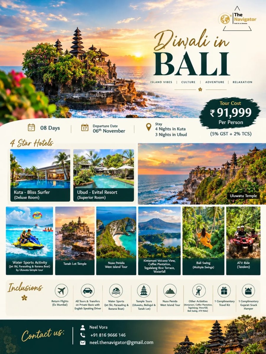 ERomansito's tweet photo. Diwali in Bali: 8 unforgettable days of beaches, temples, adventure and tropical beauty. Return flights from Mumbai, 4-star stays in Kuta and Ubud, Nusa Penida, ATV ride, Bali Swing and more. From ₹91, 999 per person. Departure: 6 November. https://t.co/4XL3d06UzC