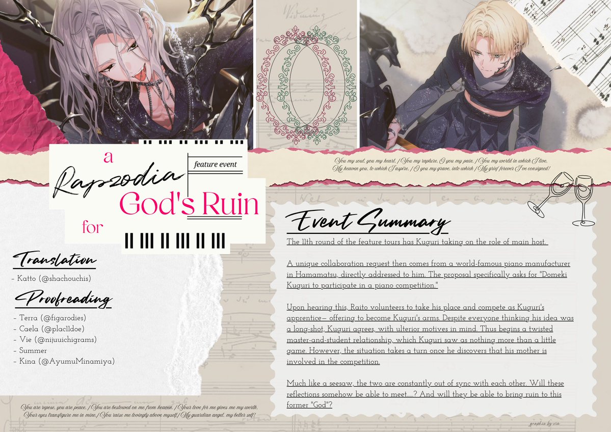 shachouchis's tweet photo. hi....
TL: A Rapszódia for God's Ruin
🎹 Kuguri's Feature Event

tl: katto
pr/qa: terra, caela, vie, summer, kina
(graphic by vie as well!)
https://t.co/fxDKzZlWPR

cheers!! #18TLip @18TRIP_EN https://t.co/NZK0juHIWl
