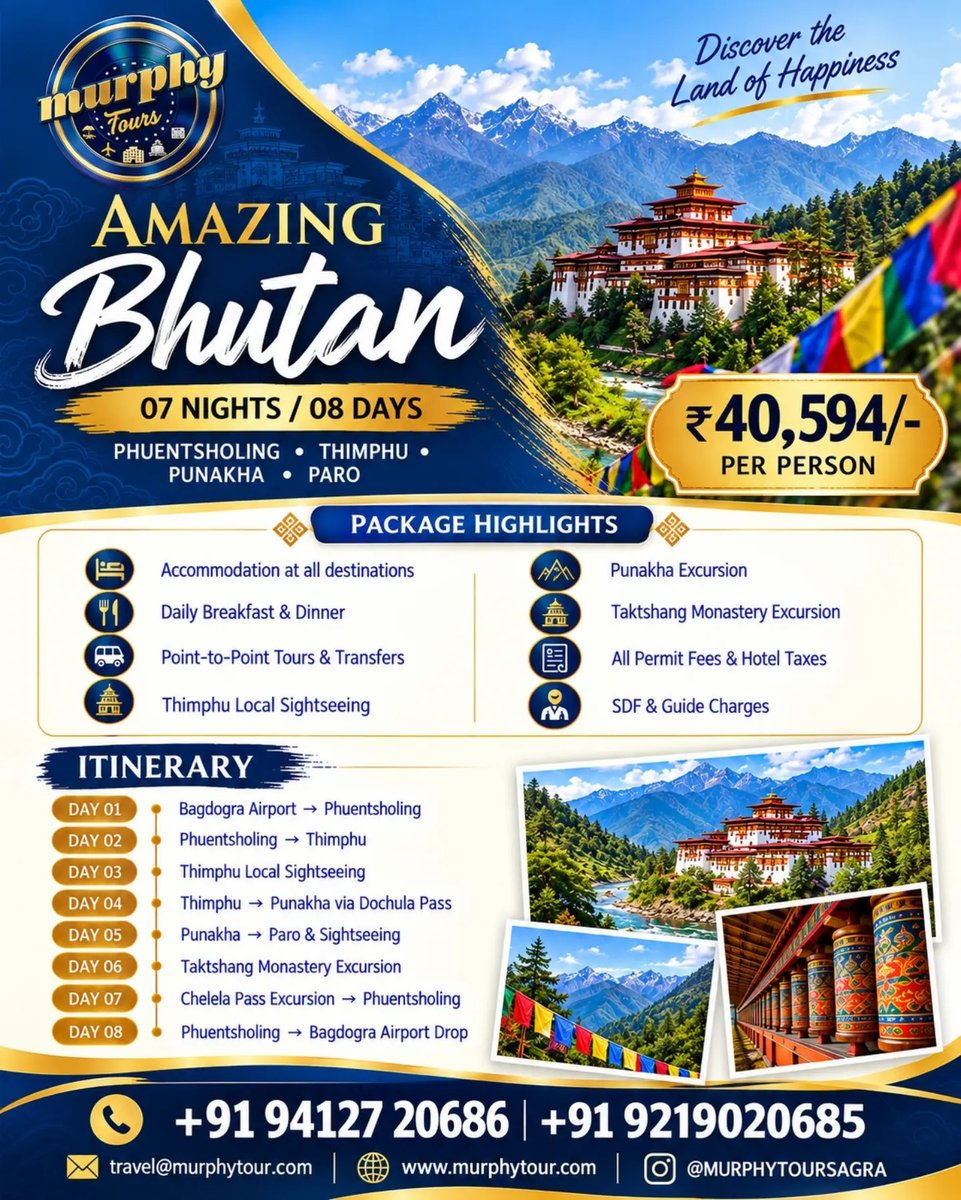 Janice_0110's tweet photo. Discover Bhutan with a 7 Nights/8 Days journey through Thimphu, Punakha, Paro and Phuentsholing. Enjoy serene monasteries, mountain views, comfortable stays, guided tours and complete travel assistance. Starting at ₹40, 594 per person. https://t.co/jJwqRHCiSh