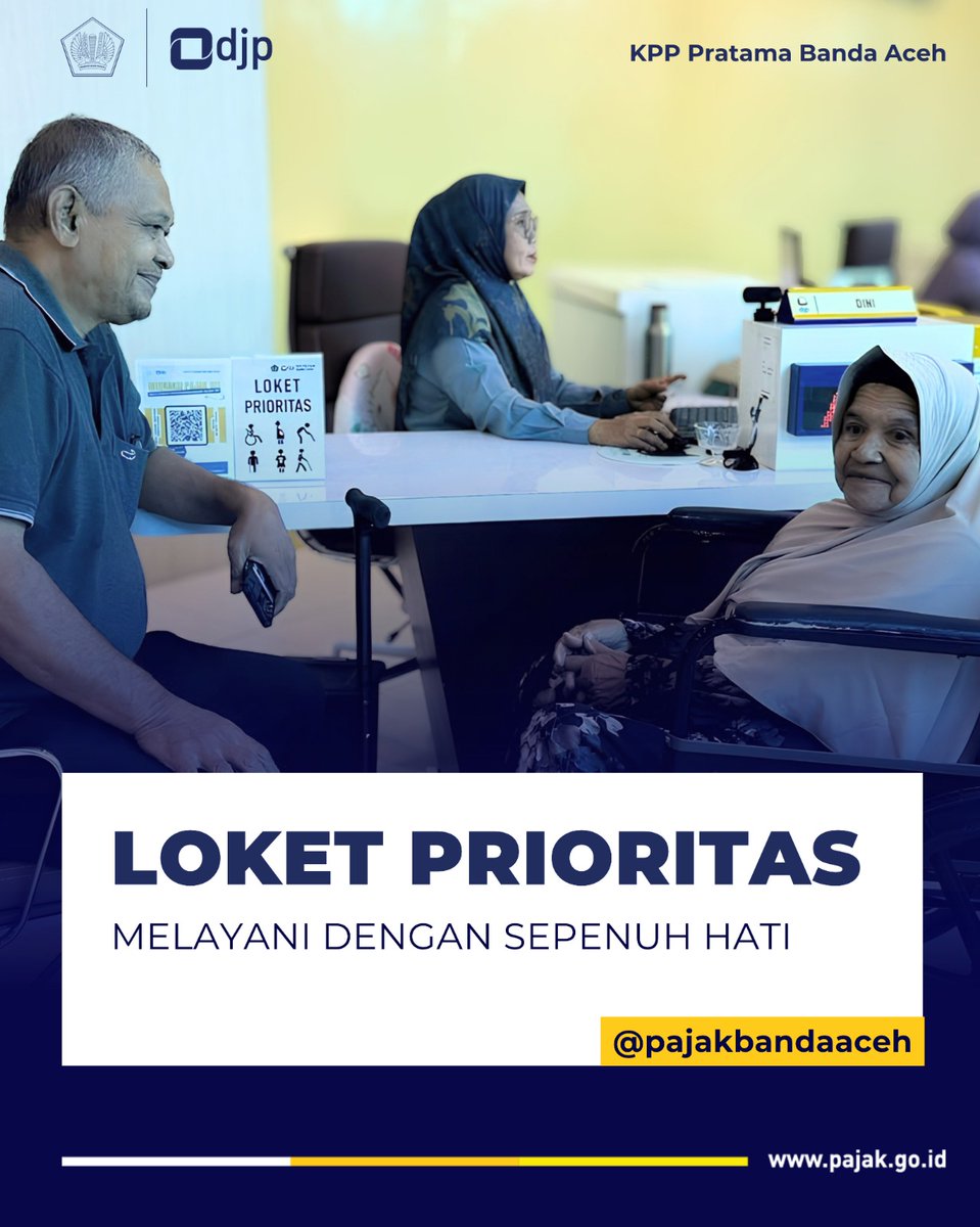 pajakbnaaceh's tweet photo. 💙 Melayani dengan Sepenuh Hati

Memberikan kenyamanan dan kemudahan bagi lansia adalah bagian pelayanan terbaik kami.
Melalui Loket Prioritas, kami hadir  membantu setiap proses pelayanan dapat berlangsung lebih mudah, nyaman, dan ramah.
Lansia nyaman, pelayanan pun berkesan. https://t.co/CzgbSDXaso