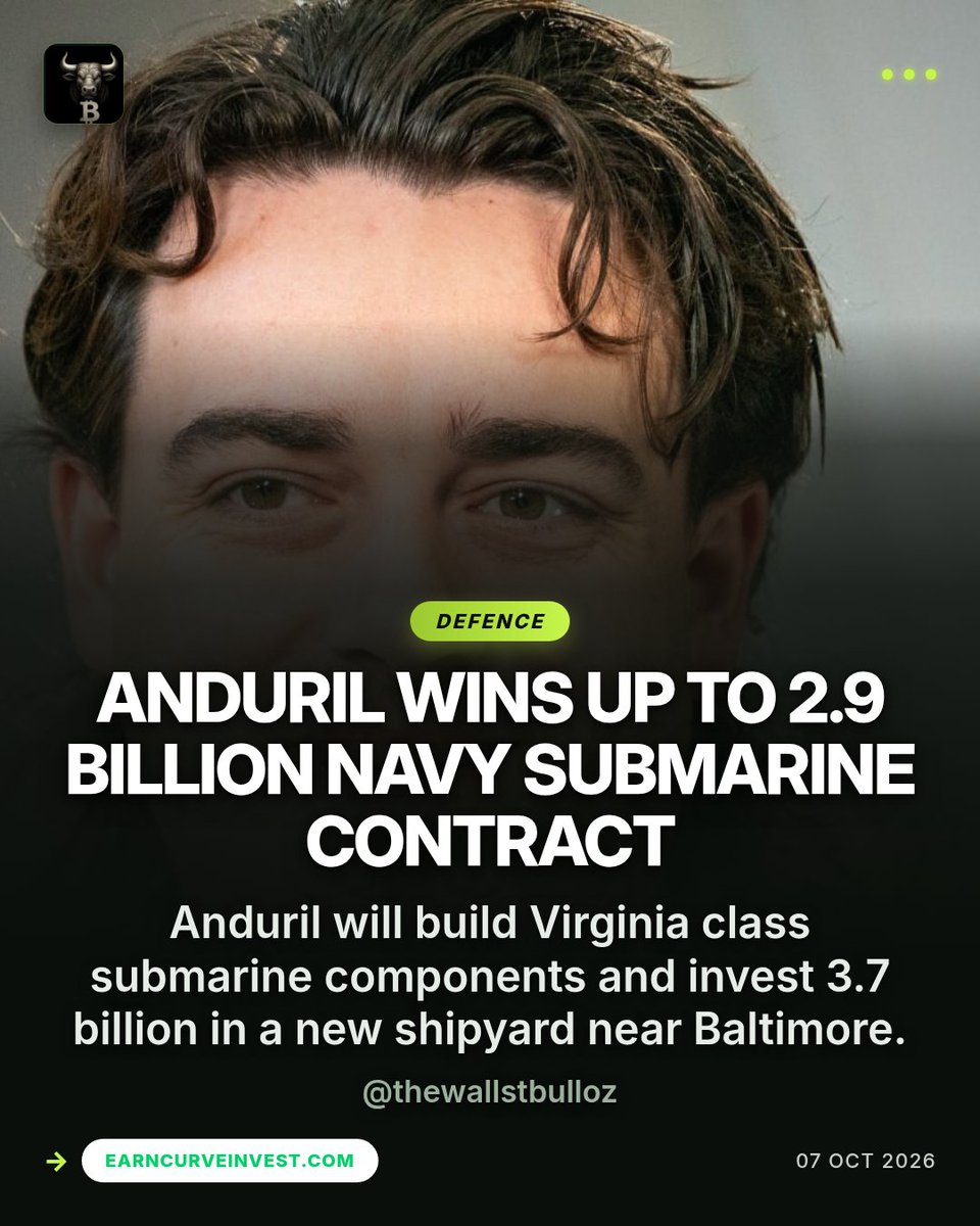 thewallstbulloz's tweet photo. ANDURIL WINS UP TO 2.9 BILLION NAVY SUBMARINE CONTRACT
Navy deal for Virginia class sub parts, plus a 3.7 billion shipyard build at Sparrows Point near Baltimore. About 3100 jobs, with operations from 2030. @thewallstbulloz
#Anduril #Defence #Navy #Markets https://t.co/zi8uXGuwJF