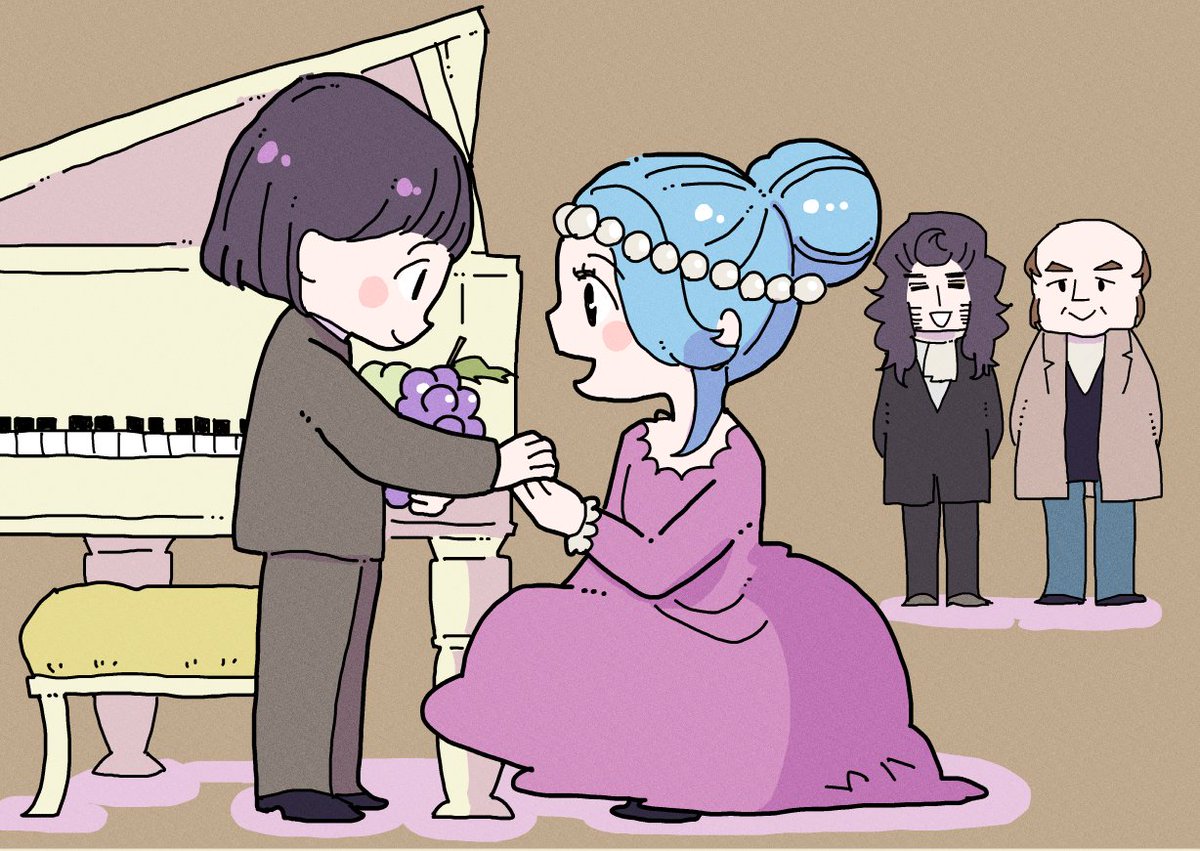 yamamichipiano's tweet photo. クララとパガニーニは会ったことがあって、ちょっとピアノのアドバイスをパガニーニにもらったあと親子４人で晩御飯のイングリッシュプディングを一緒に食べたそうです🥘 
別れ際クララがお礼にぶどうを２房渡すと、パガニーニの息子アキーレちゃんはクララの手をぎゅっと握りました👼 🍇 https://t.co/qMclkEhpqa