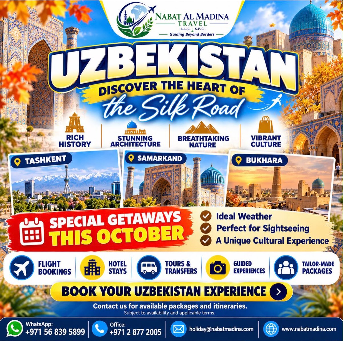 paco1013's tweet photo. Discover Uzbekistan this October. Explore Samarkand, Bukhara, and Tashkent with tailored flights, hotels, tours, transfers, and travel packages from Nabat Al Madina Travel. https://t.co/sIRINOSvaj