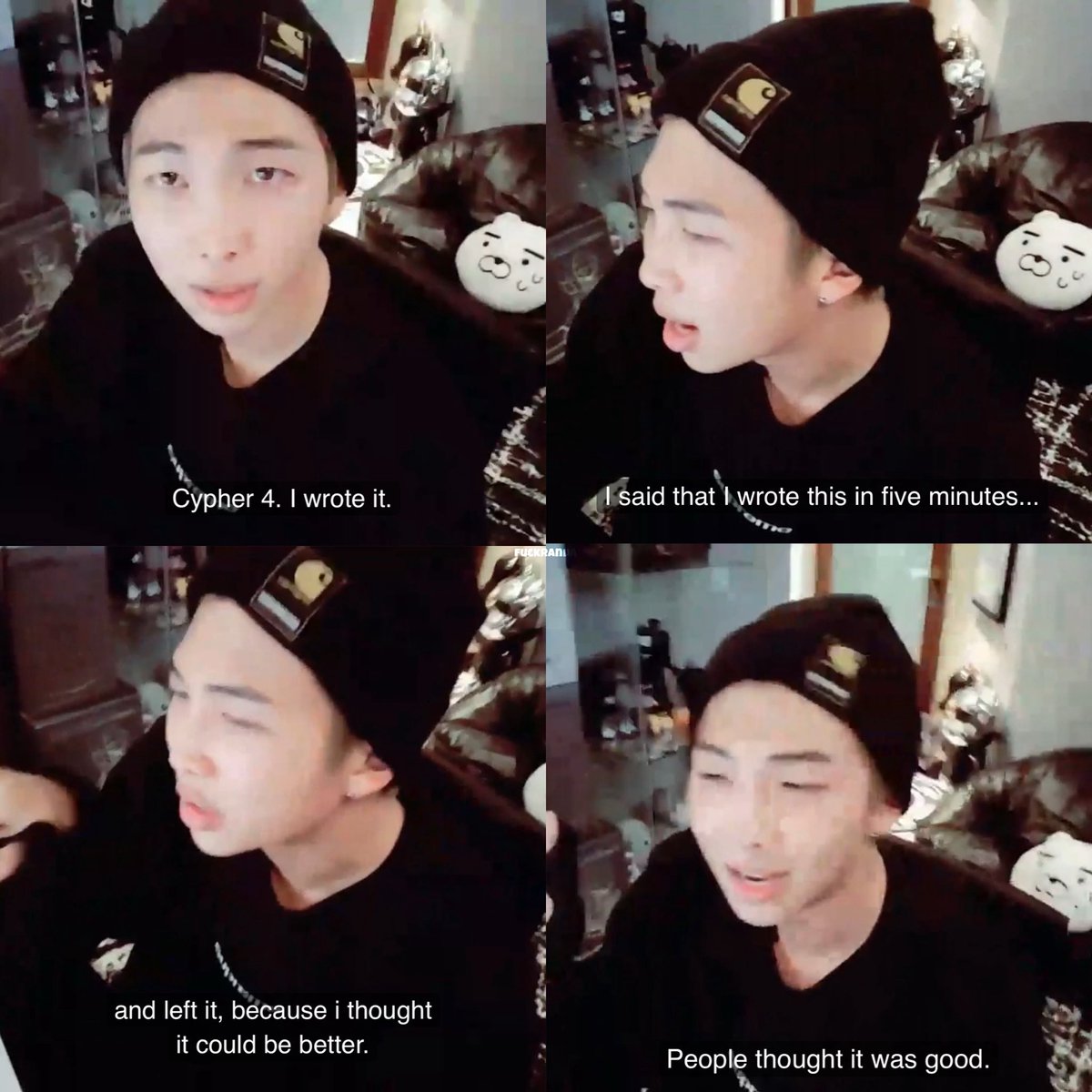 fuckranda's tweet photo. everytime I feel unproductive, I remember how namjoon, instead of resting after 4 days of being discharged from the hospital after surgery, wrote Singularity in 3 hours, wrote spring day after seeing a left fall, wrote cypher 4 chorus in 5 mins &amp; respect in 20-30 mins. that’s #RM https://t.co/rYIuTuZlTQ