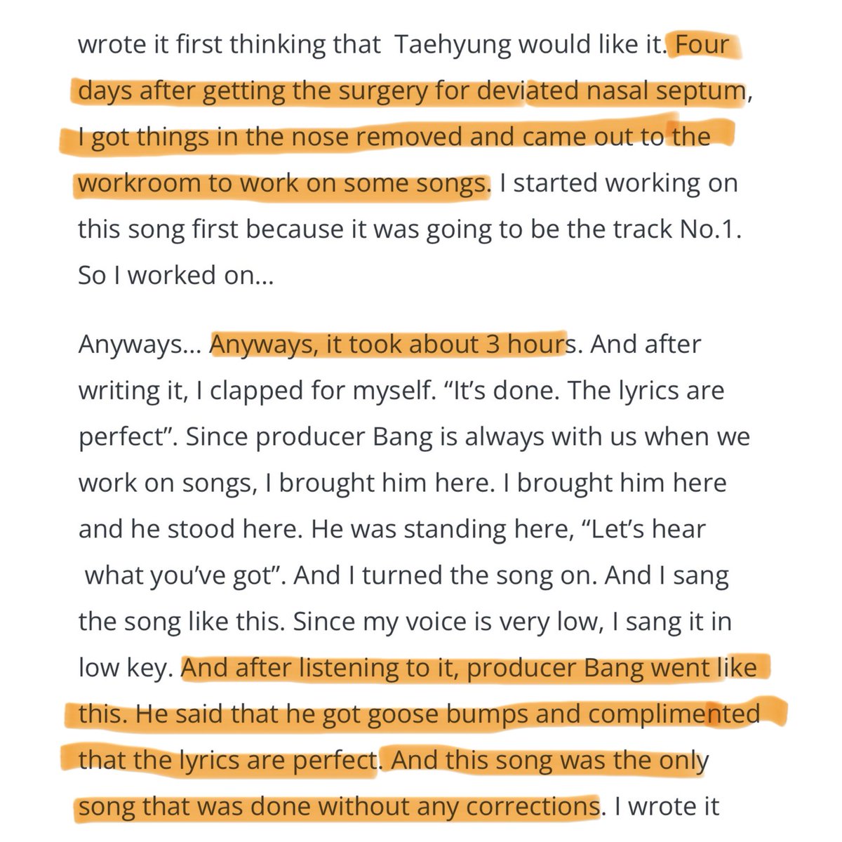 fuckranda's tweet photo. everytime I feel unproductive, I remember how namjoon, instead of resting after 4 days of being discharged from the hospital after surgery, wrote Singularity in 3 hours, wrote spring day after seeing a left fall, wrote cypher 4 chorus in 5 mins &amp; respect in 20-30 mins. that’s #RM https://t.co/rYIuTuZlTQ