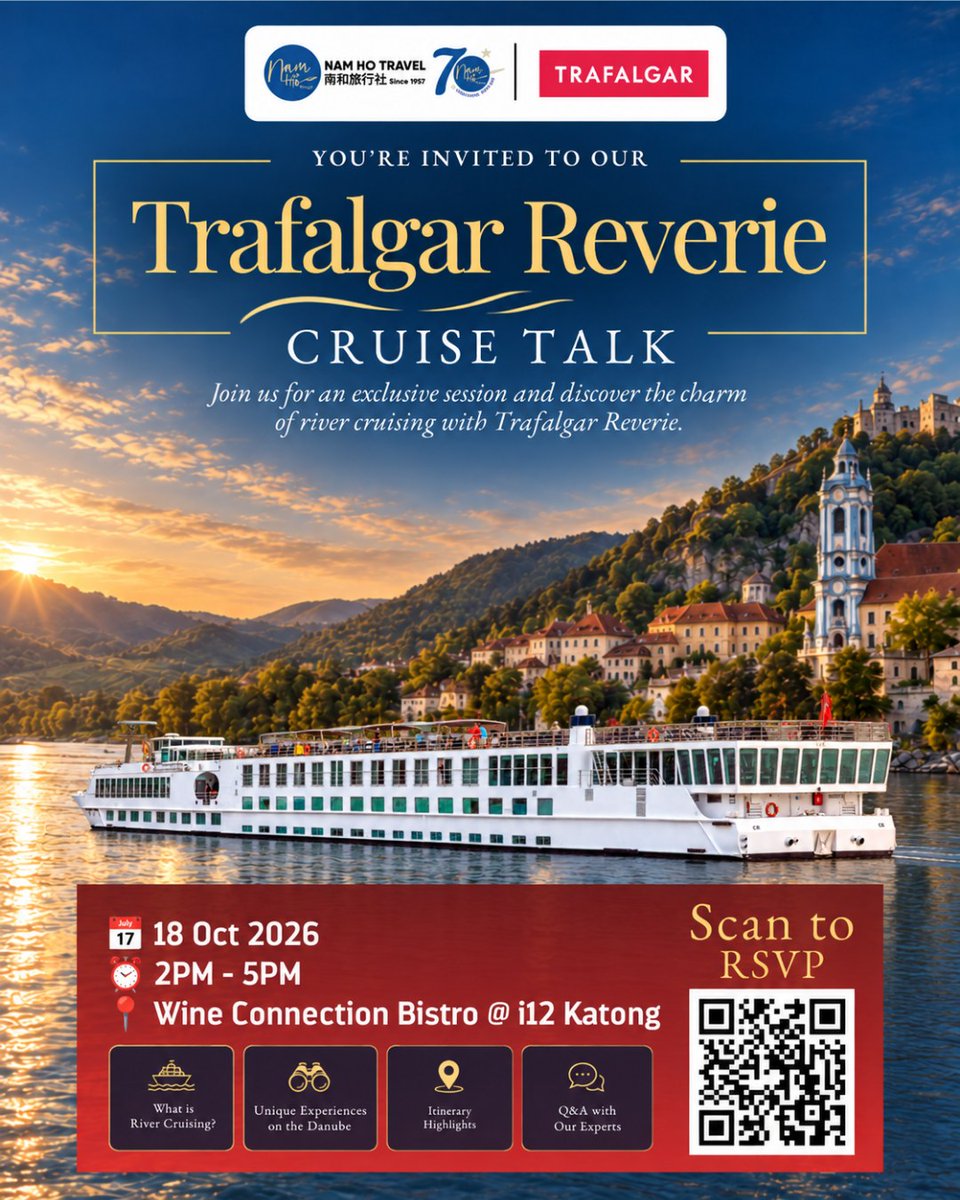 fatihaysan4's tweet photo. Europe is calling. Join our exclusive Trafalgar Reverie Cruise Talk and discover European river cruising along the Danube. 18 October 2026, Sunday
2PM–5PM
Wine Connection Bistro, i12 Katong

Light refreshments provided. Limited seats; registration https://t.co/1Tm0H7dZ0i