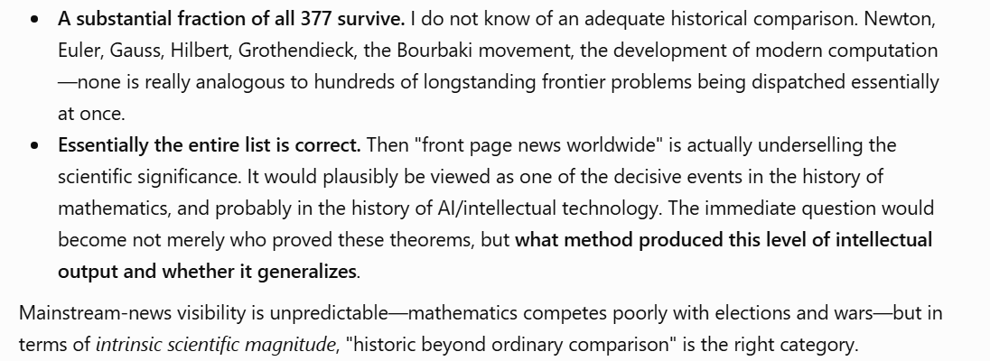 Afinetheorem's tweet photo. Last thing on OAI math. Here is what four models, without search, think it would mean "if it were real". Journalist friends, call a mathematician and ask them to explain. Then call someone in AI and science and ask "what are bottlenecks to this in other practical fields..." https://t.co/6BwABIXV4X
