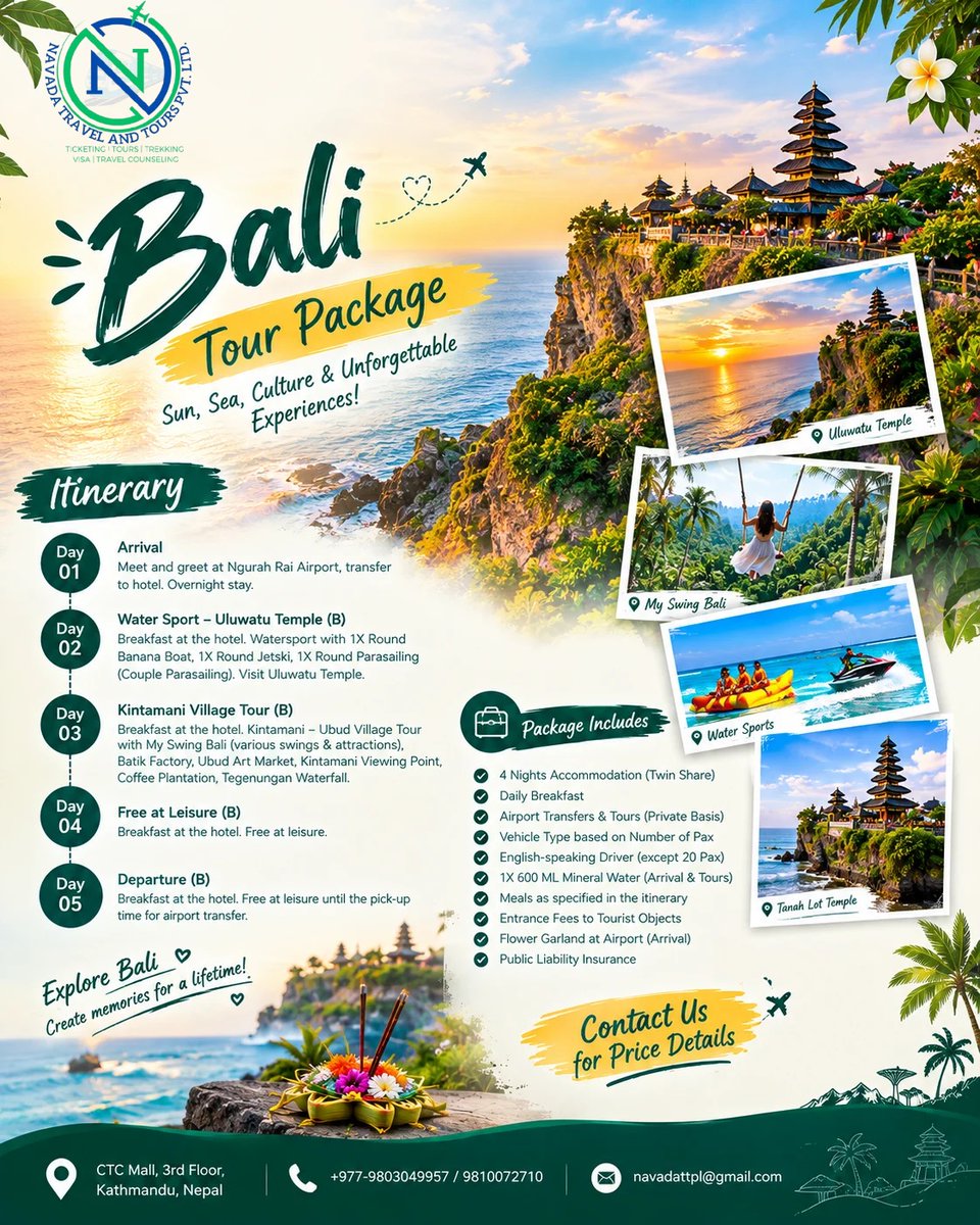 nairokari's tweet photo. Escape to Bali for 4 Nights / 5 Days. Explore Uluwatu, Kintamani, Ubud, Tanah Lot, Tegenungan Waterfall, water sports, My Swing Bali, daily breakfast, and private transfers. Contact us for pricing and bookings. https://t.co/hrLNxvtMPI
