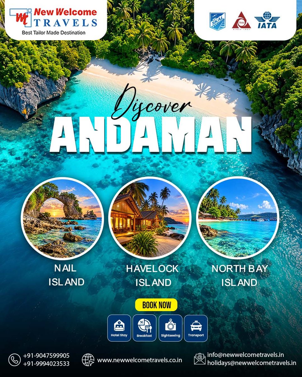 emay_21's tweet photo. Explore the pristine Andaman Islands, from Nail Island’s clear waters to Havelock’s serenity and North Bay’s marine life. Customized packages include hotel stay, breakfast, sightseeing, and transport. Book your tropical escape today. https://t.co/5VZnCdYaom