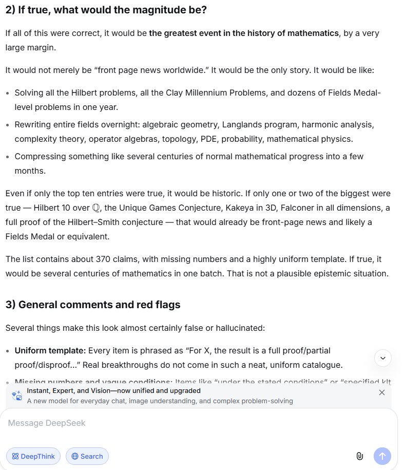 Afinetheorem's tweet photo. Last thing on OAI math. Here is what four models, without search, think it would mean "if it were real". Journalist friends, call a mathematician and ask them to explain. Then call someone in AI and science and ask "what are bottlenecks to this in other practical fields..." https://t.co/6BwABIXV4X